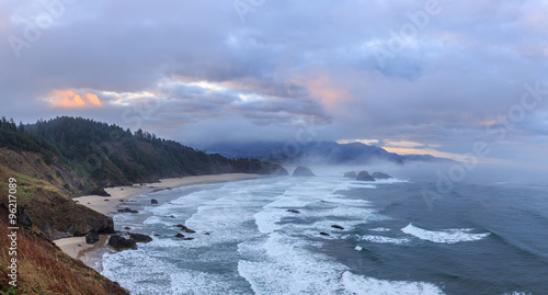 View from Ecola State Park to Cannon Beach in Pacific Ocean, Oregon Coast. USA photo