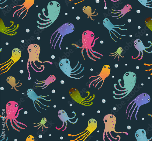 Colorful Kids Cartoon Octopus Dark Seamless Pattern Background