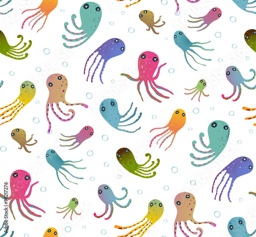 Colorful Kids Cartoon Octopus Seamless Pattern Background © Popmarleo