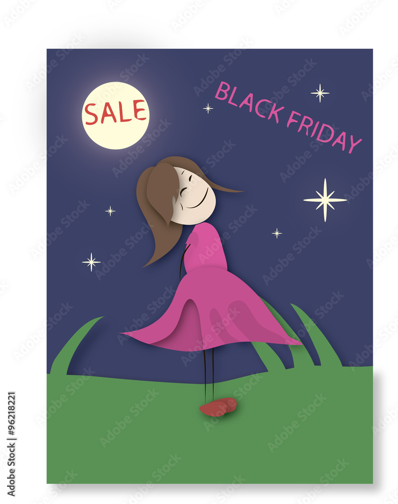 A girl in a pink dress looks at the label Black Friday and disco A girl in a pink dress looks at the label Black Friday and disco