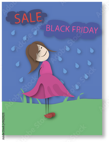 A girl in a pink dress looks at the label Black Friday and disco