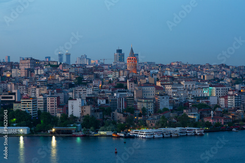 View of the passage the Gold Horn, Beyoglu's region and Galata Tower in sunset