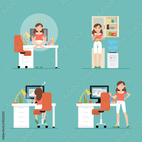 Set with the design of flat characters of pregnant women at workplaces: the relaxation, have a snack, fatigue, overtime. 