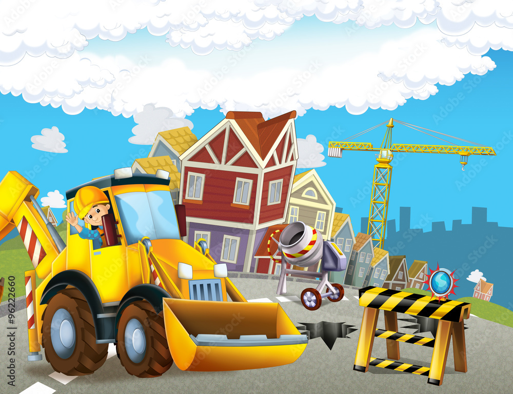 Naklejka premium Cartoon construction site with excavator - illustration for the children