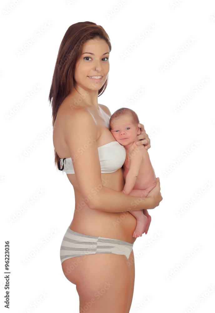 New mother in underwear with his baby 스톡 사진