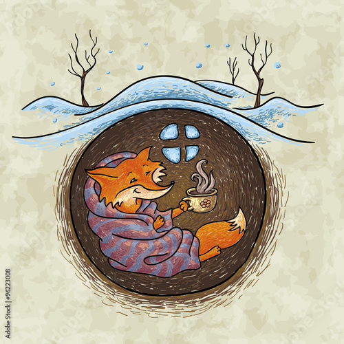 fox drinking coffee in a hole. hand drown illustration
