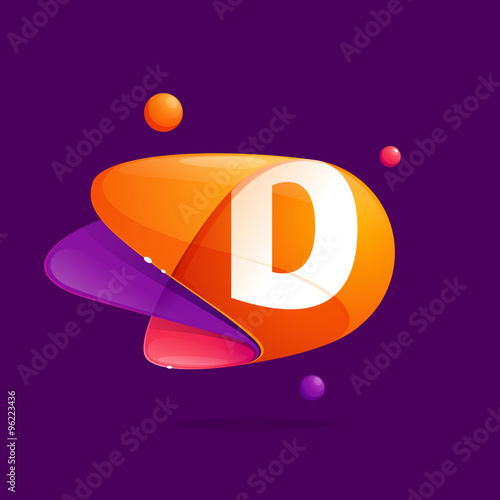 D letter with atoms orbits colorful icon.