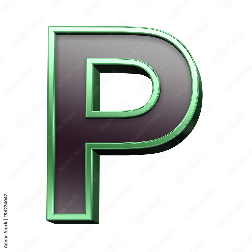 One letter from black with green shiny frame alphabet set, isolated on white. Computer generated 3D photo rendering.