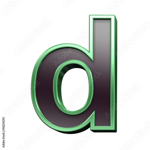 One lower case letter from black with green shiny frame alphabet set, isolated on white. Computer generated 3D photo rendering.