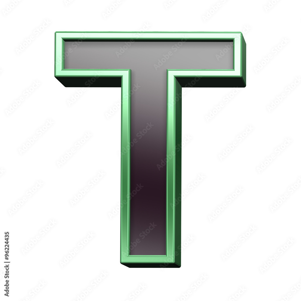 One letter from black with green shiny frame alphabet set, isolated on white. Computer generated 3D photo rendering.