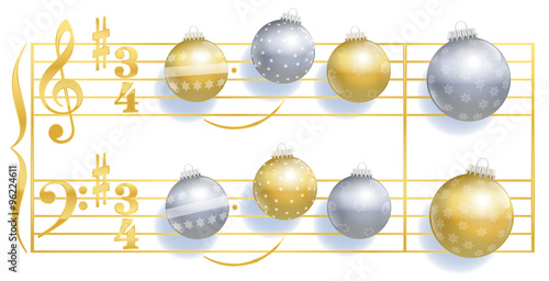 Silent Night christmas song stave with christmas tree balls instead of notes. Illustration on white background.