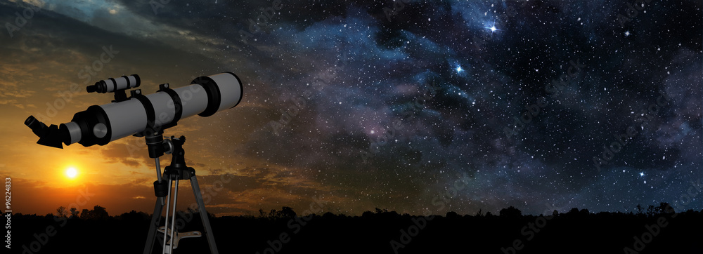 Obraz premium Droga mleczna o zachodzie słońca i teleskop na pierwszym planie