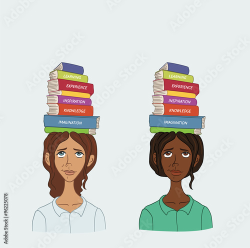 Huge amounts of information are need to explore. People with stack of books on his head