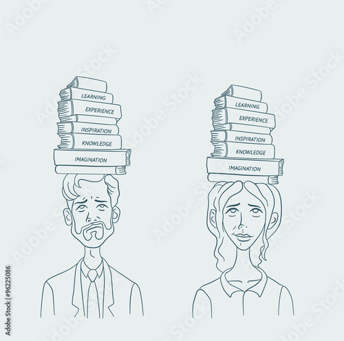 Huge amounts of information are need to explore. People with stack of books on his head