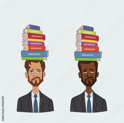 Huge amounts of information are need to explore. People with stack of books on his head