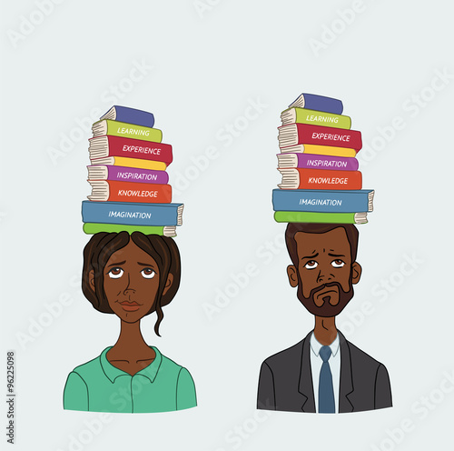 Huge amounts of information are need to explore. People with stack of books on his head