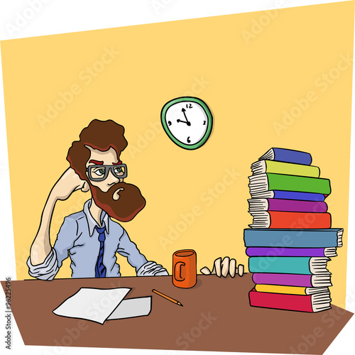 Disgruntled man at a table with stack of books. Huge amounts of information are need to explore