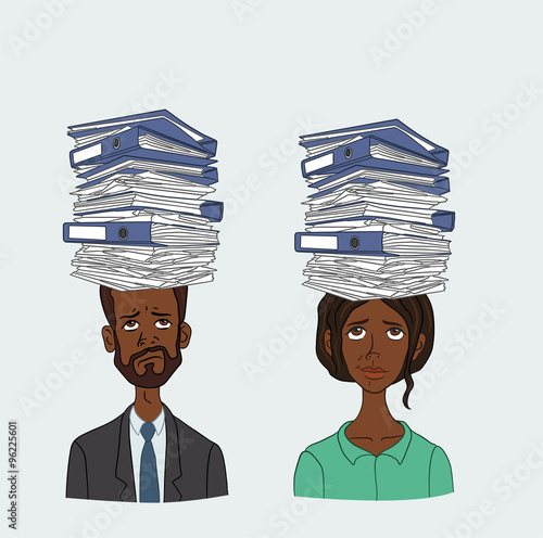 Huge amounts of information are need to explore. People with stack of papers on his head