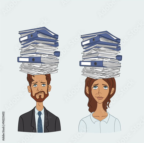 Huge amounts of information are need to explore. People with stack of papers on his head