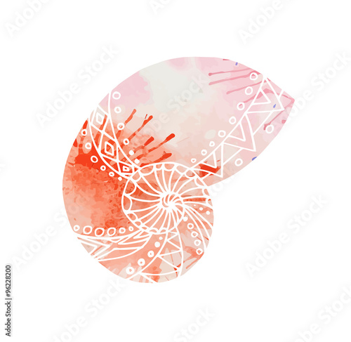 Illustration with doodle sea shells and watercolor background.