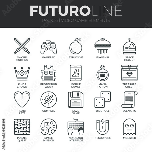 Video Game Elements Futuro Line Icons Set