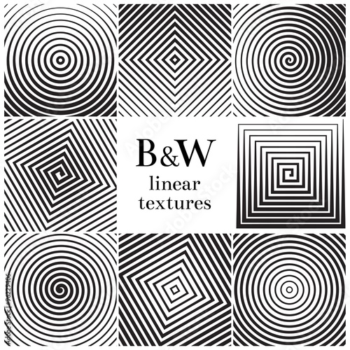 Concentric lines circular and square spiral vector backgrounds set