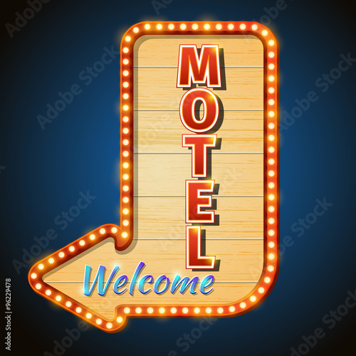 Neon vintage motel sign with light bulbs. Vector illustration