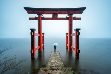 Fotobehang Japan Hakone schrijn met rode torii  © eyetronic