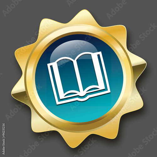 Education seal or icon with book symbol. Glossy golden seal or button.