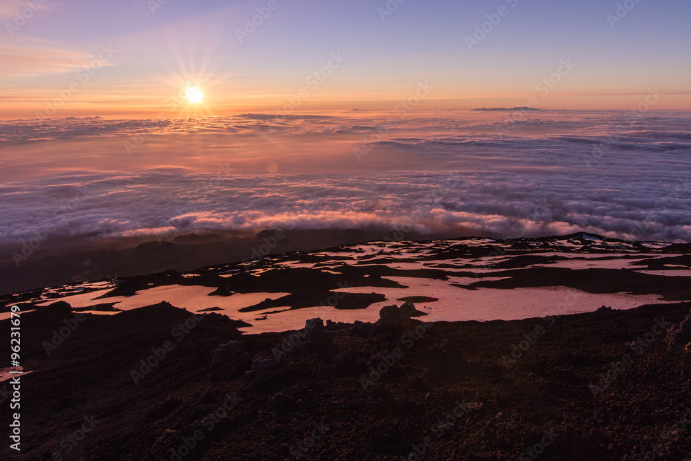 The summit craters of the Etna volcano at sunset
