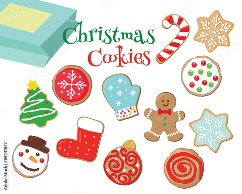 Drawing of colorful Christmas cookies isolated in white.