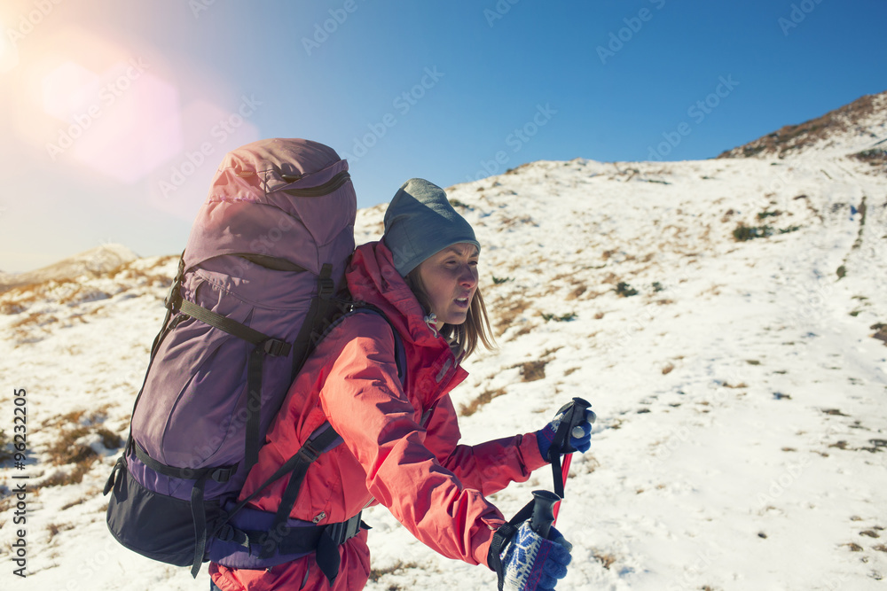Fototapeta premium Active girl with a backpack.