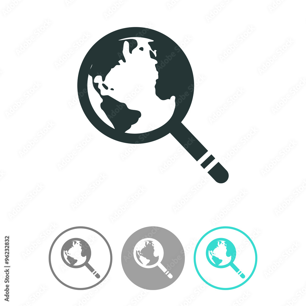 Global search vector icon. World globe symbol. Earth with magnifying glass search icon. Global search vector icon. World globe symbol. Earth with magnifying glass search icon.