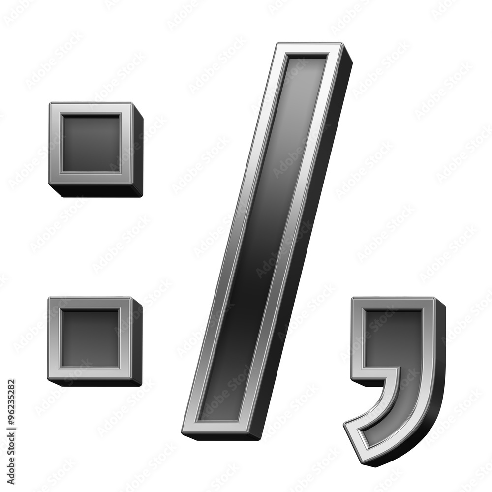 Colon, semicolon, period, comma from black with silver shiny frame alphabet set, isolated on white. Computer generated 3D photo rendering.