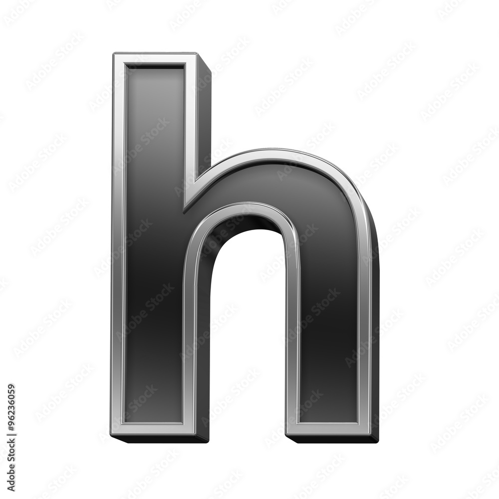 One lower case letter from black with silver shiny frame alphabet set, isolated on white. Computer generated 3D photo rendering. One lower case letter from black with silver shiny frame alphabet set, isolated on white. Computer generated 3D photo rendering.