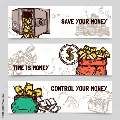 Time management financial banners set doodle 