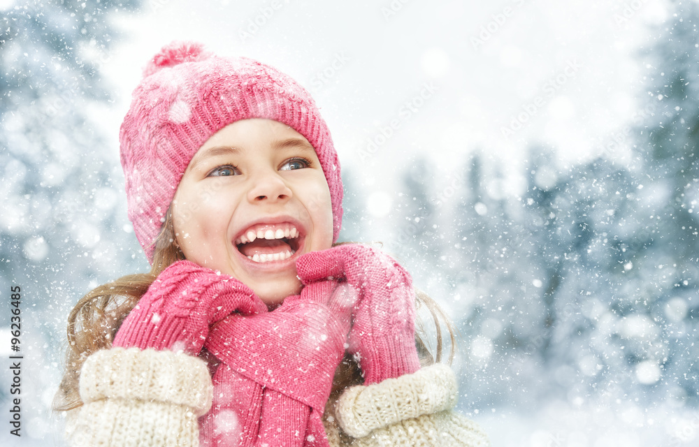 girl playing on a winter walk girl playing on a winter walk