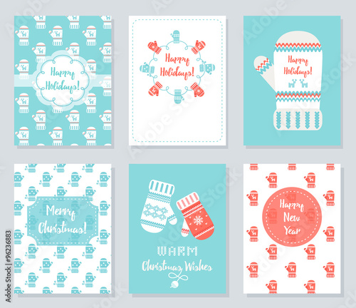 Christmas and New Year Greeting Cards Set. Knitted Mittens Theme Vector Illustration