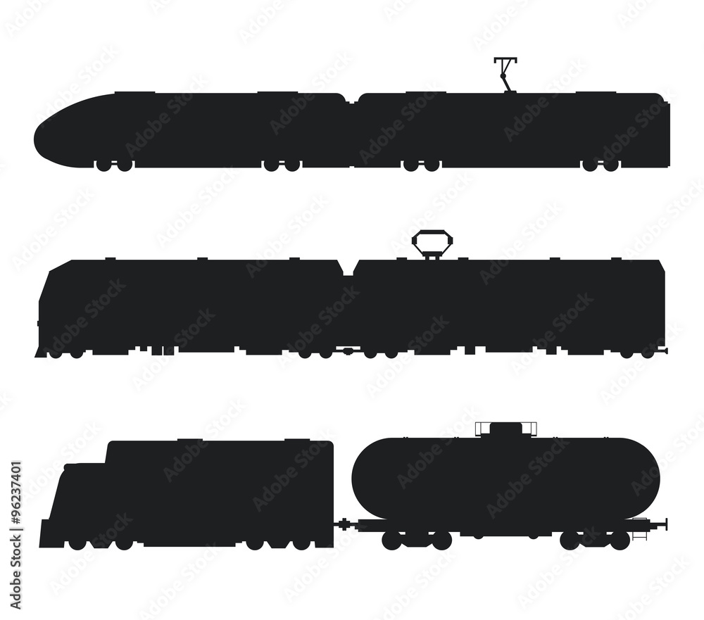Modern, vintage trains vector black and white icons silhouette