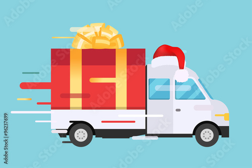 Delivery vector transport truck, van with gift box pack