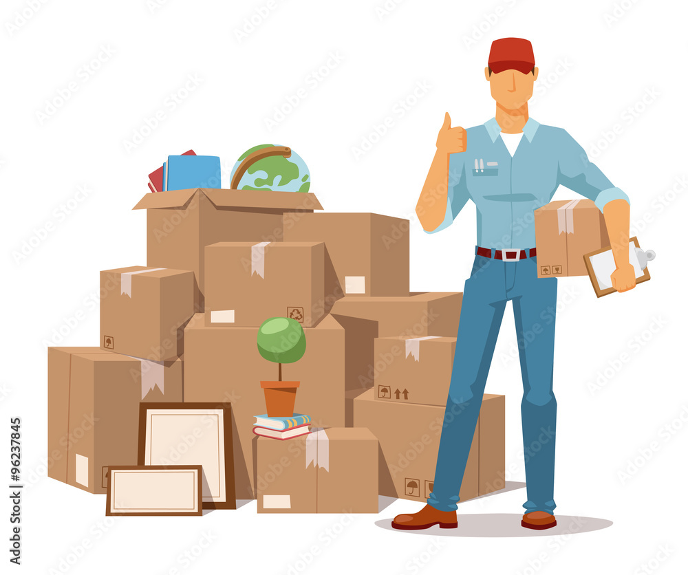 Move service man Ok hand box vector illustration Move service man Ok hand box vector illustration