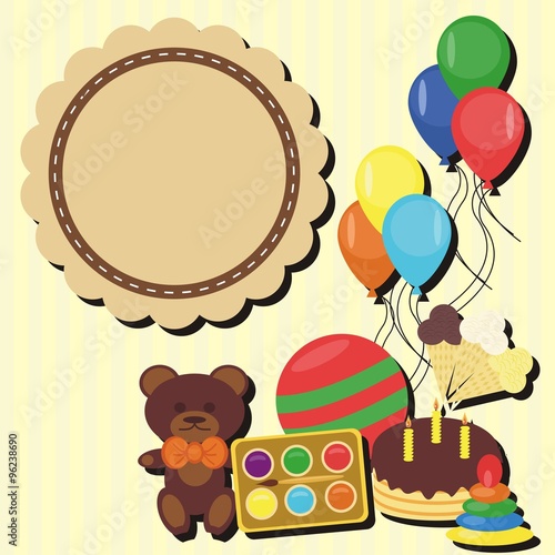 birthday card with toys and cake and frame photo