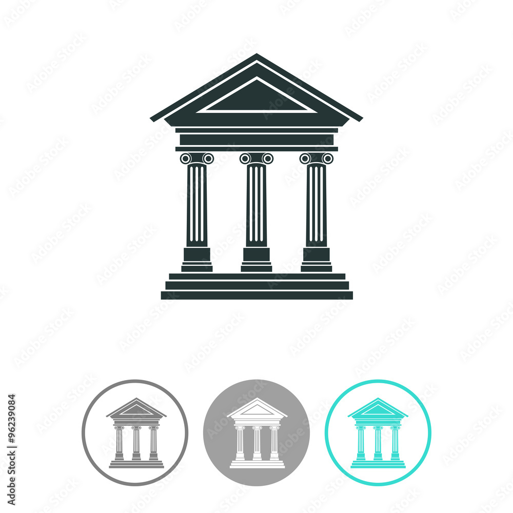 Portico an ancient temple. Bank. Official Place with the building facade with three pillars. Vector illustration.
