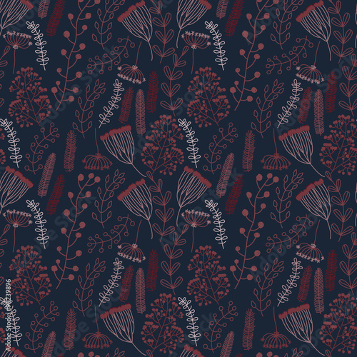 Seamless pattern with flower, rowan and leafs.