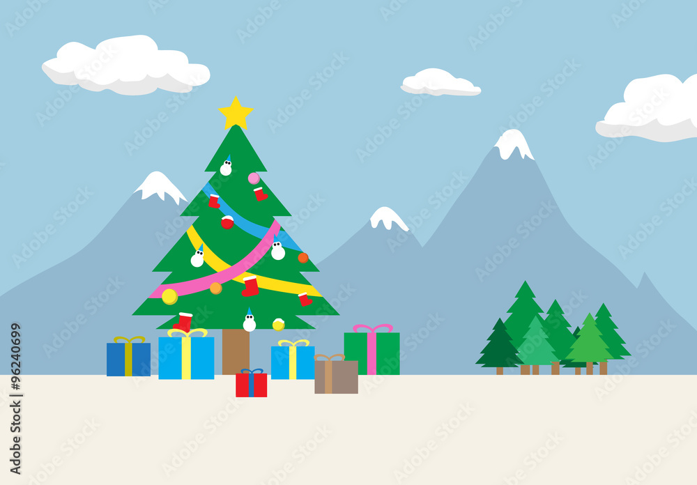 Flat landscape of Christmas day with Christmas tree and accessories