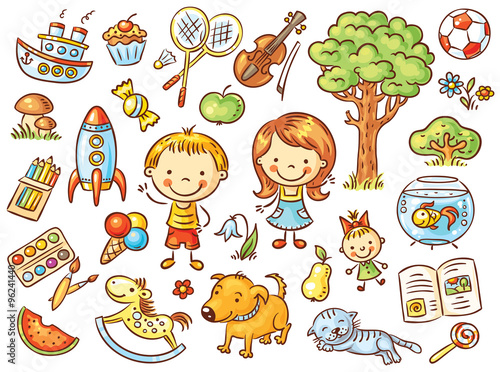 Colorful doodle set of objects from a child's life