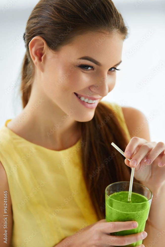 Healthy Organic Food Happy Beautiful Smiling Woman Drinking Green