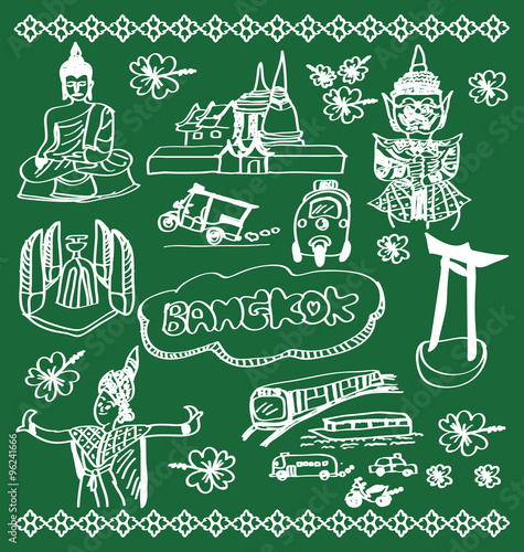 Hand drawn Bangkok city on school board, Bangkok doodles