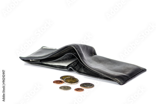 Wallet and coins isolated white background