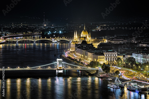 Budapest, Hungary. Night view of the Hungarian Parliament Building, Szechenyi Square (former Roosevelt Square), Szechenyi Chain Bridge and Margaret Bridge over Danube. View from the Gellert Hill.